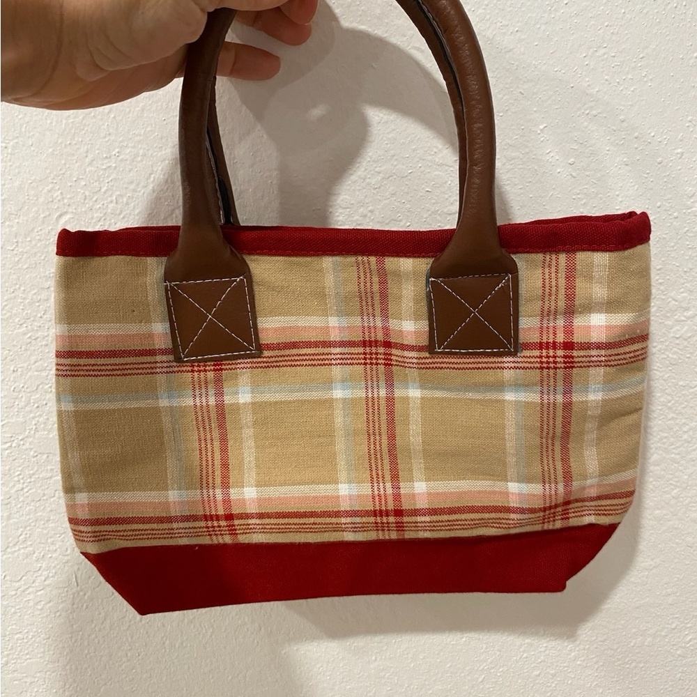 Plaid Canvas mini Tote Bag with Red and Brown Accents new